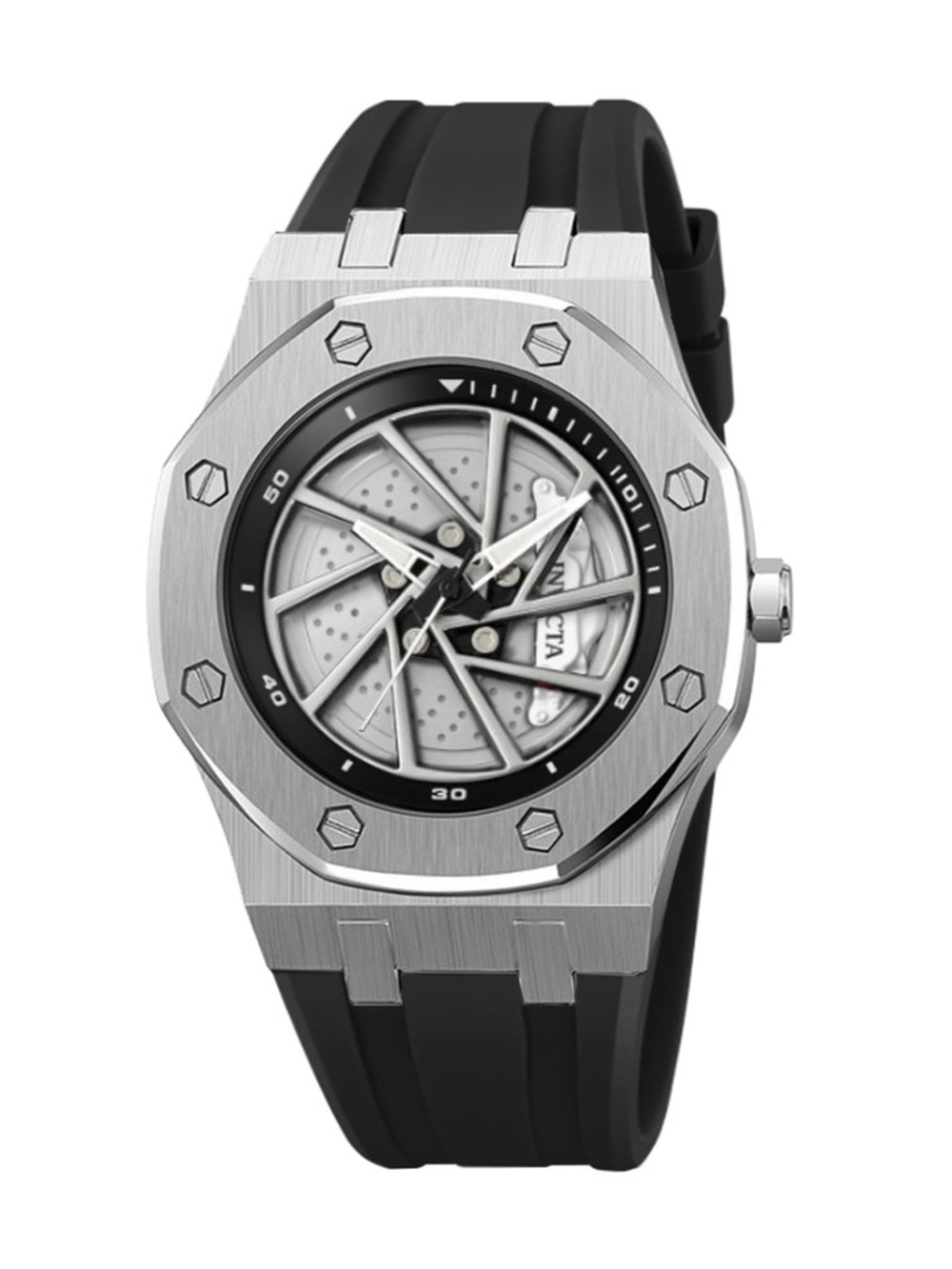Invicta Speedway Rim 42mm Men's Watch 70038 Silver Dial Black Band White Caliper